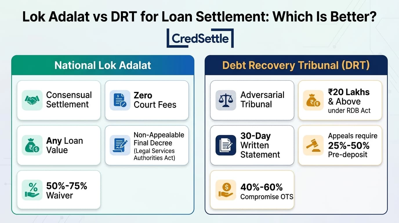 Lok Adalat vs DRT for Loan Settlement Visual Infographic Comparison
