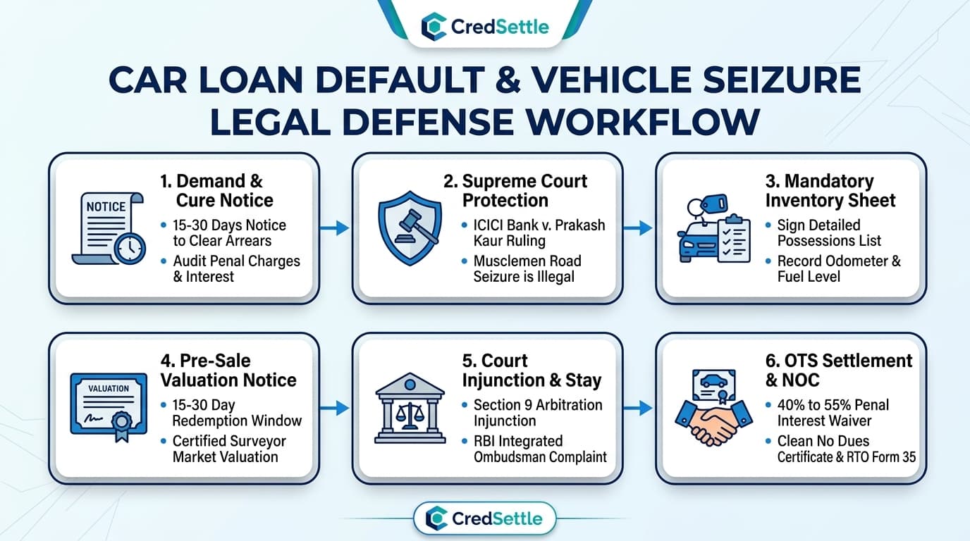 Car Loan Default and Vehicle Seizure Legal Defense Blueprint Infographic