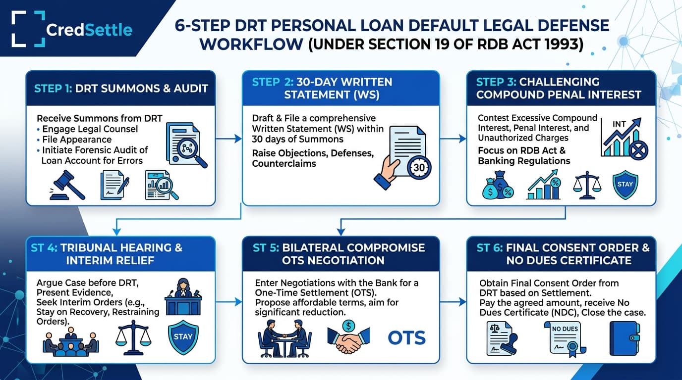 6-Step DRT Personal Loan Default Legal Defense Workflow Diagram India