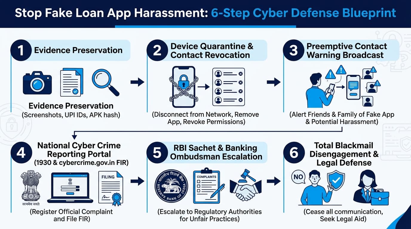 Stop Fake Loan App Harassment 6-Step Cyber Defense Blueprint Infographic