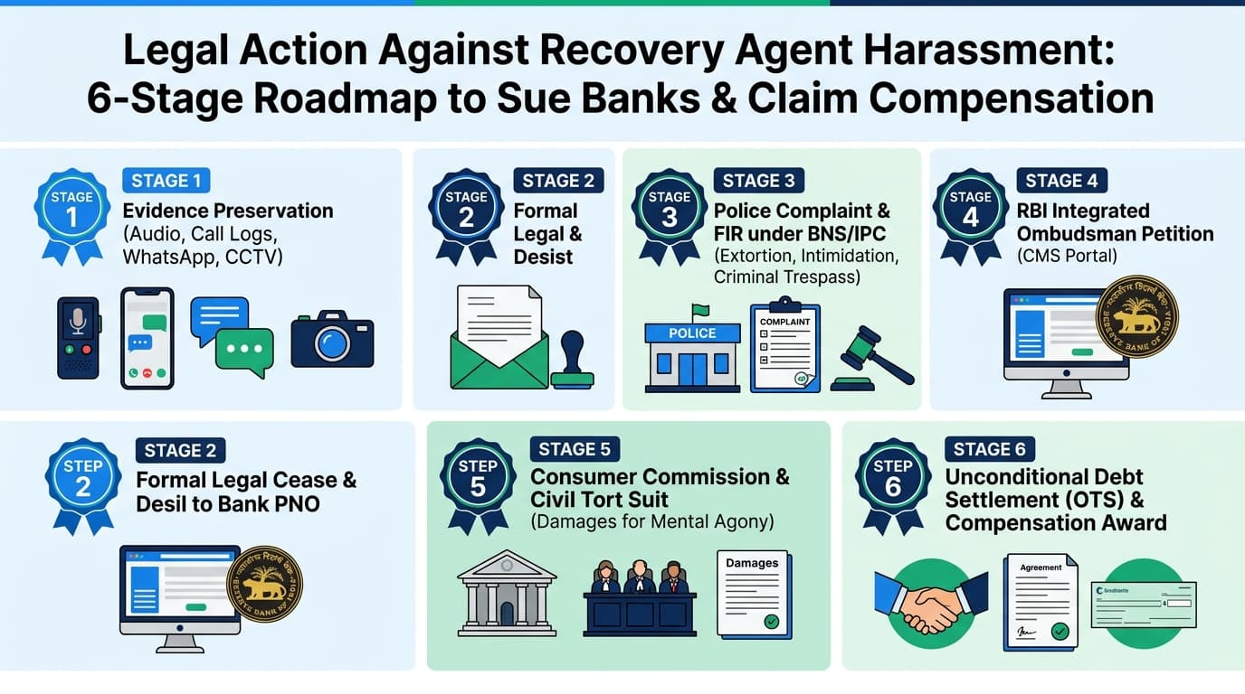 Legal Action Against Recovery Agent Harassment 6-Stage Roadmap Infographic