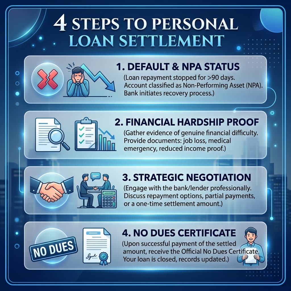 Infographic showing the step-by-step process of settling a high-value 20 Lakh personal loan in India